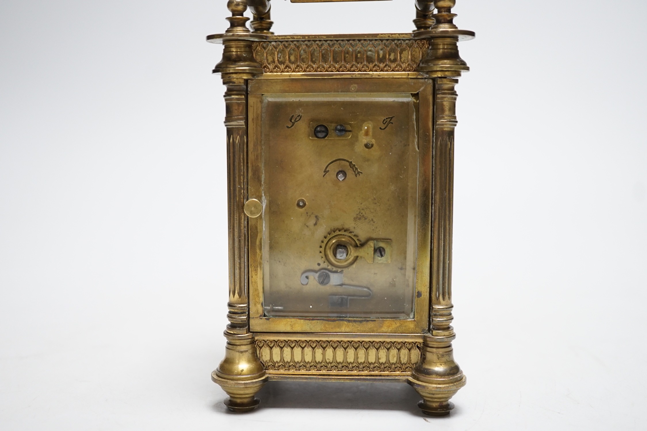 An early 20th century French brass and enamel carriage clock, 15cm